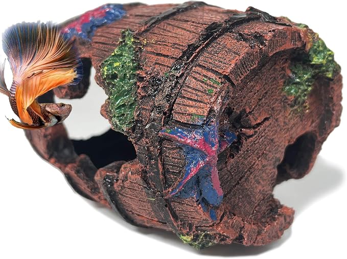 Aquarium Decor - Small Broken Barrel with Star Fish Tank Cave Hideout with Holes, Mini Decorations for Betta Fish, Shrimp, Nano Tank Decor, Aquarium Accessories Supplies, Safe Aquatic Ornament