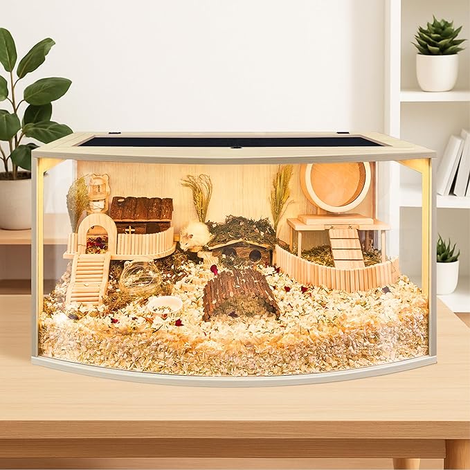 Prolee Hamster Cage Chew Proof Wood, Hamsters Enclosure Openable Top with Curved Design,Waterproof Small Animals Cage with Acrylic Sheets for Gerbils,Hamster Habitat(24 Inches)