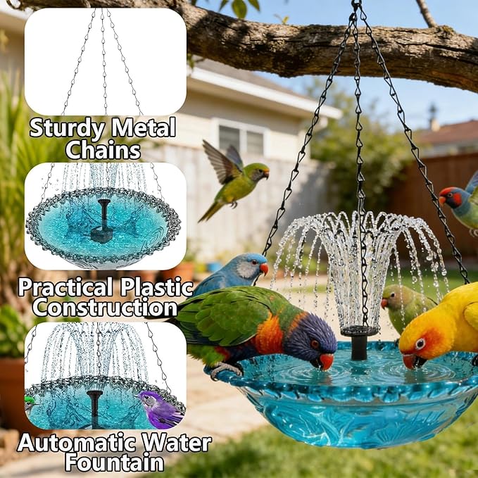 Hanging Solar Bird Bath Fountain with Solars Pump & Bowl & Chains Large Humming Solar Water Fountains with Flowing Water for Outdoor Garden Backyard Patio Lawn(Blue)