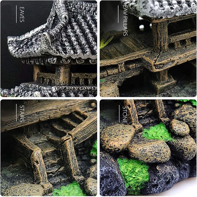 Classical Temple Aquarium Decorations Asian Castle Thematic Safe Resin Ornaments with Plastic Plants Small Fish House Hideout Decor Hiding Places for Freshwater and Saltwater Fish Tank Accessories