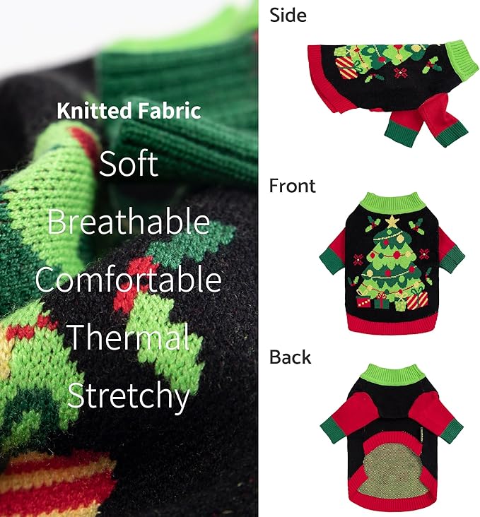 Fitwarm Christmas Tree Dog Sweater, Thermal Dog Winter Clothes for Small Dogs Boy Girl, Cozy Dog Christmas Outfit, Doggy Pullover Jumper, Holiday Pet Apparel, Black, Red, Green, Yellow, XL
