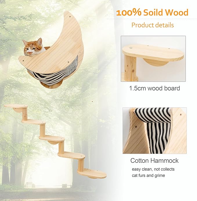 Cat Shelf for Wall Mount Hammock with 5-Levels Climbing Ladder Moon Cat Shelves and Perches for Activity Indoor Cats Wall Furniture(5-Levels Steps)