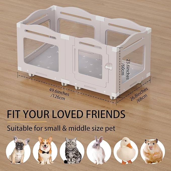 Acrylic Dog Playpen, Indoor Whelping Box with Pet Stroller, Puppy Playpen for Small Medium Pets, Cat Rabbit & Puppies, 6-Panel with Bottom Panel, 8 Wheels, Safe, Sturdy, Apricot Gray