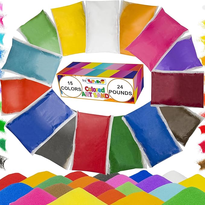Sand Art Sand [15 Colors: 24 lbs], Colored Sands Bulk, Delightful Sands Art Fun for Crafts, Parties, Children, Nice Colorful Fun Sandy Crafts for Kids Age 3+, Non-Toxic, 15 Bags