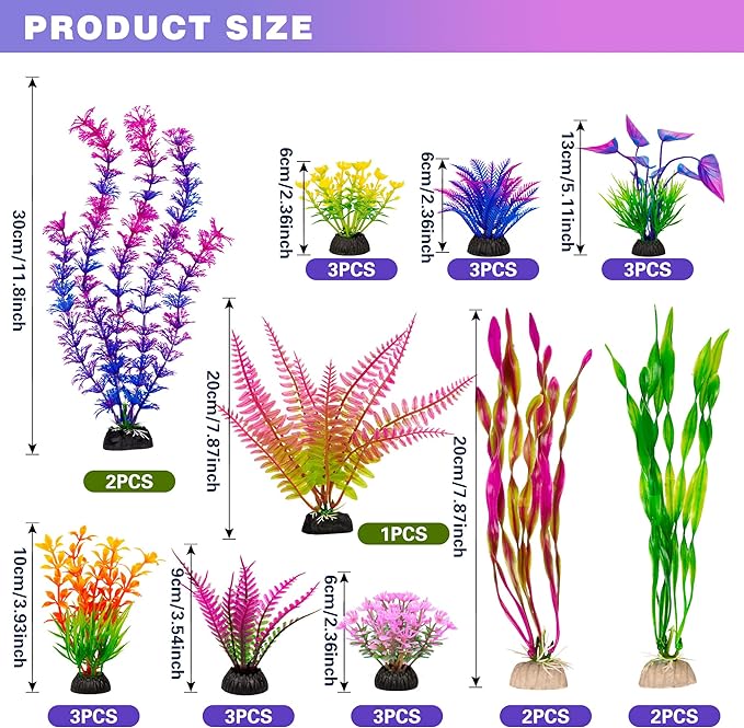 Ameliade Artificial Aquarium Plastic Plants Fish Tank Decorations, 25PCS | Large Colorful Aquarium Decor, Betta Goldfish Tank Accessories, Fish Bowl Tall Ornaments