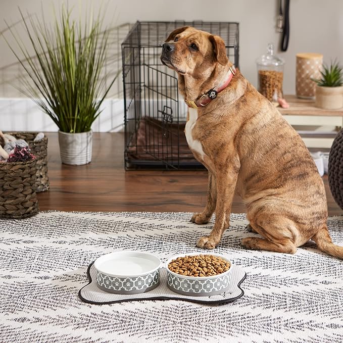 Bone Dry Paw Print Ceramic Pet Bowl, Lattice Collection, Large Set, 7.5x2.4", Gray, 2 Count