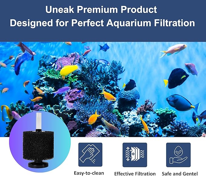 UNEAK Large Aquarium Sponge Filter Fish Tank Silent Filteration Breeding Fry Betta Shrimp Nano Tank Accessories Air Stone 4-inch Airline Tubing up to 40 Gallon