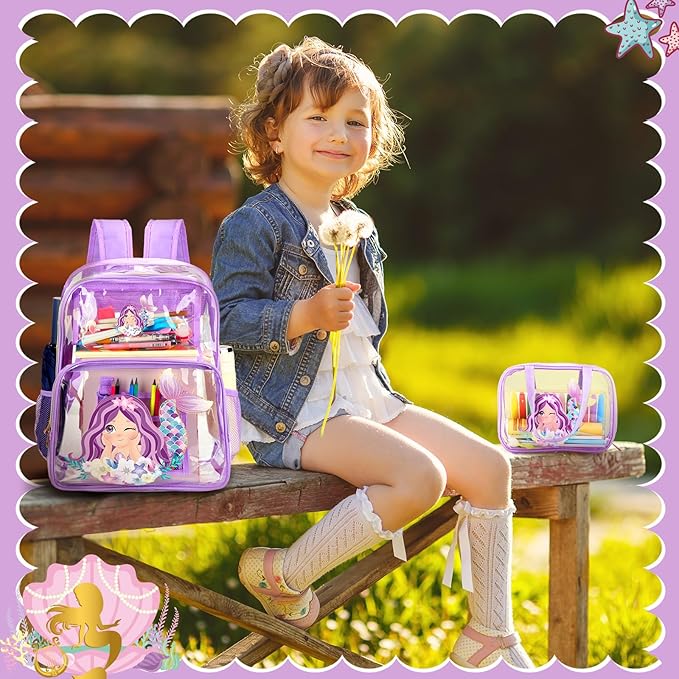 Kacctyen 3 Pcs Clear Backpack Heavy Duty Clear Stadium Bag Transparent Backpack with Lunch Bag(Purple,Mermaid)