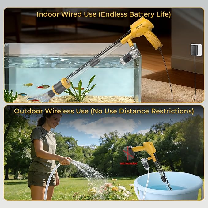 HiTauing Aquarium Gravel Cleaner, Cordless/Corded 6 in 1 Electric Fish Tank Vacuum Cleaner Compatible with Dewalt 20V Battery, 3 Adjustable Power, Automatic Water Change for Freshwater and Saltwater