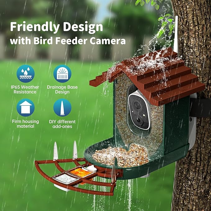 Smart Bird Feeder with Camera Solar Powered & AI Bi rd Identification, 2.4Ghz WiFi Bird feeders for Outdoors, 2K Live Video, Instant Arrival Alerts - Dark red-Green