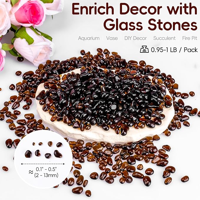 Meschett Colorful Glass Stones, 1 LB Fish Tank Gravel, Small Irregular Rainbow Aquarium Gravel for Aquarium Decorations and Turtle Tank, Sea Glass Beads Crystals for Fish Bowl, Vase Filler,Brown