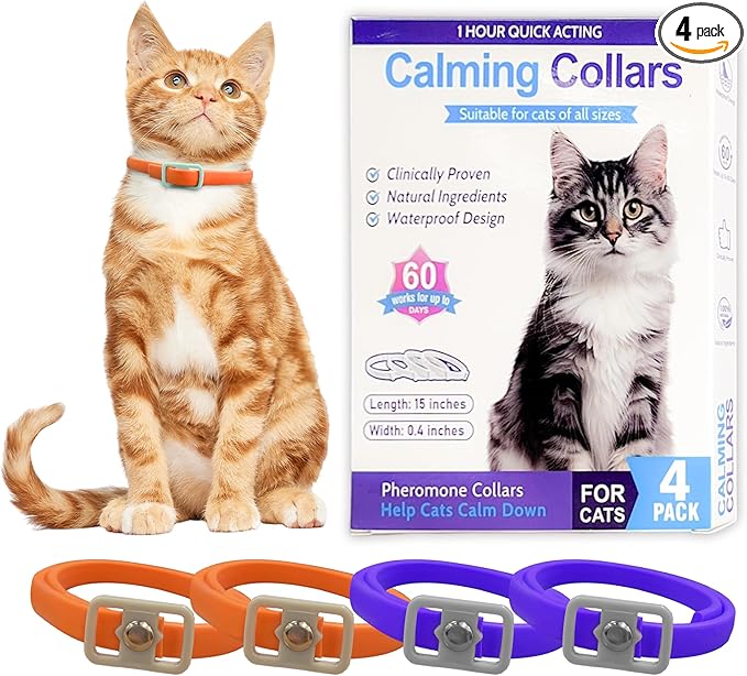 Simnice 4-Pack Adjustable Cat Calming Collars - Natural Pheromone Cat Collars for Anxiety Stress Relief, Safe for All Ages Cats, Long-Lasting Effect, Waterproof, Promotes Relaxation, Cat Relax Collar