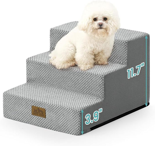COZY KISS Dog Stairs for Small Dogs 11.7" H, 3-Step Gentle Incline Pet Step for Couch Chiars, Right-Angle Dog Ramp for Puppy Doggie Senior Cats, 15.7x17.7x11.7 Inch, Grey