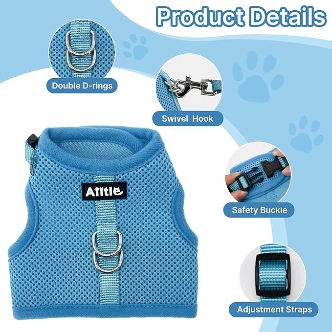 AIITLE Adjustable Rabbit and Leash Set - Lightweight & Portable, Padded Vest with Magic Tape Design, Indoor/Outdoor Use - Fits Hamsters, Rats, Iguanas, Puppies, Cats, Blue M