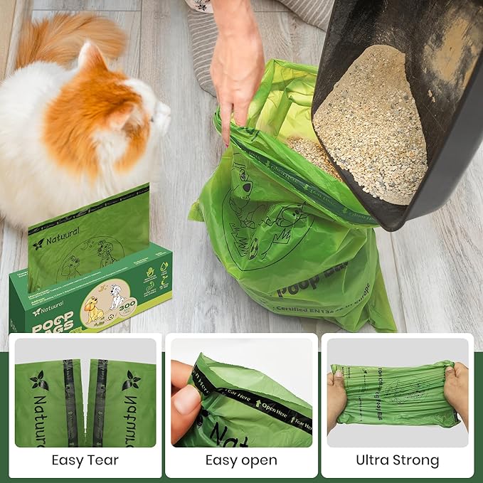 Compostable Dog Poop Bags-300 Bags 1Rolls, Poop Bags for Dogs Made of Cornstarch, Unscented, Ideal for Backyard or Home and Cat Litter Disposal