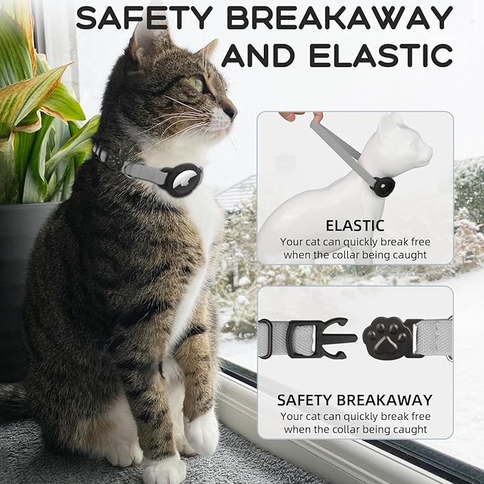 AirTag Cat Collars, Stretchy Collar with Apple AirTag Holder and Bell, Breakaway Ultra Design Elastic GPS Tracking Collars for Cats and Puppies, (7.5-12.5 Inch), Gray