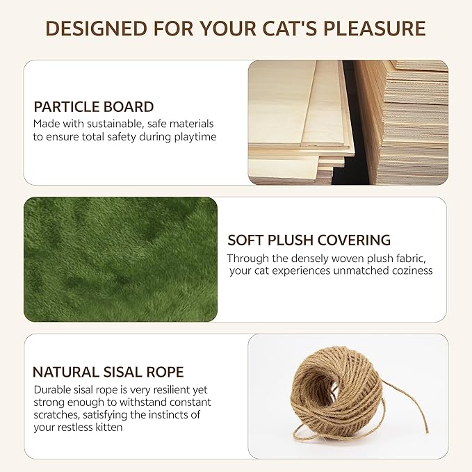 Cat Wall Shelves, Wall Mounted Cat Shelf Furniture with Plush Fabric(16 Piece Set), Cats Furniture with 40''L Tunnel, Condos, House, Steps, Bridge Ladder and Scratching Post, Green