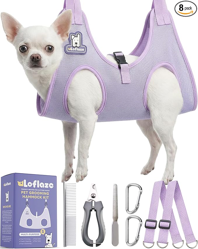 Loflaze Dog Grooming Hammock Harness for Dogs & Cats with Pet Nail Clipper Trimmer - Cat Hanger Sling for Trimming Clipping Nails- Dog Hammock Restraint Bag for Small Medium Large pet （ Purple XS）
