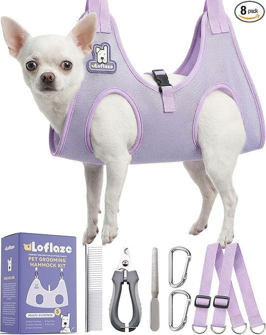 Loflaze Dog Grooming Hammock Harness for Dogs & Cats with Pet Nail Clipper Trimmer - Cat Hanger Sling for Trimming Clipping Nails- Dog Hammock Restraint Bag for Small Medium Large pet （ Purple XS）