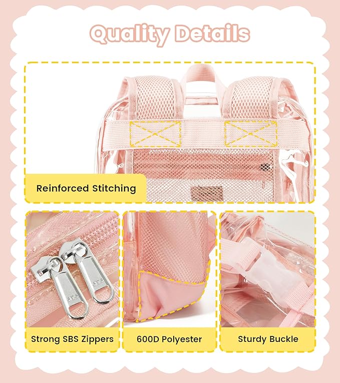 Vorspack Clear Backpack - Heavy Duty Transparent Bookbag for Adults Large See Through backpacks for Work, College, Travel - Light Pink