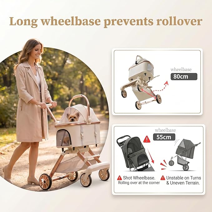 All-Terrain Pet Stroller for Small Medium Dogs & Cats, 20 lbs Capacity - Portable Carrier with One-Touch Brake, Lightweight Foldable Design & Shock Absorption Wheels,Khaki