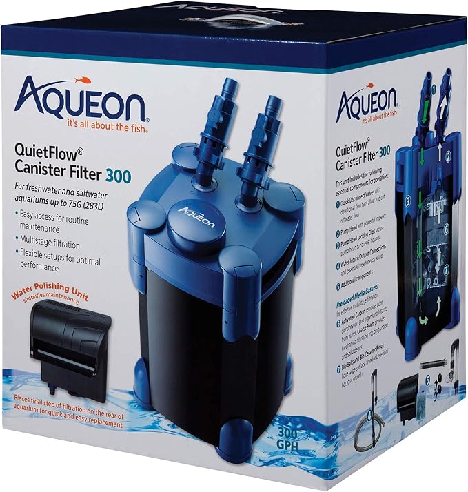 Aqueon QuietFlow Aquarium Fish Tank Canister Filter for 55-100 Gallon Aquariums | 55-100 gallon fish tank filter with biological, chemical and mechanical stages, spray bar and polishing unit