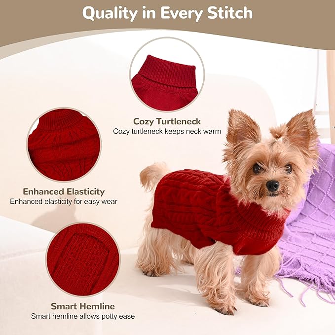 2 Pack Dog Sweaters for Small Dogs Winter Turtleneck Pullover Cable Knit Fleece Stretch Puppy Doggie Chihuahua Toy Poodle Yorkie Pomeranian Boy Girl Pet Clothes (XS, Red & Brown)