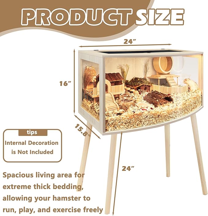 Prolee Hamster Cage with Curved Design,Chew Proof Wooden Hamsters Enclosure with Leg Stand and Openable Top or Gerbils,Hamster Habitat (24"x16"x16")