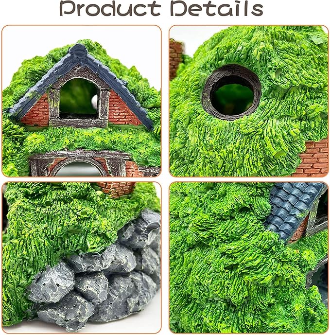 Tfwadmx Fish Tank Hobbit Decorations,Resin Small Fish Cave Hideout House,Aquarium Decor Hide Hole Shelter Hut Ornaments Mini Garden Decorating Accessories