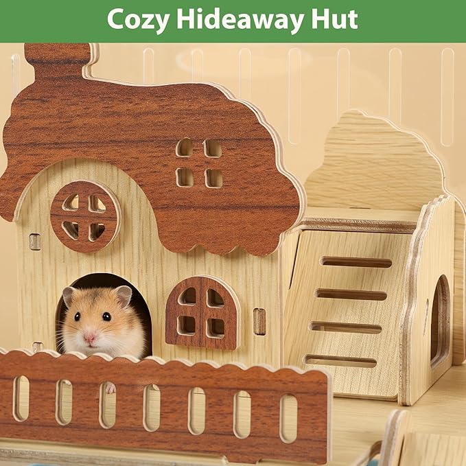 Acrylic Hamster Cage 2-Tier Dwarf Hamster Cage Small Hamster Habitats with Accessories Kit, Clear Hamster Enclosure for Gerbils Syrian Hamster, Green Pet Mice House, 13.3" L x 10.2" W x 12.4" H