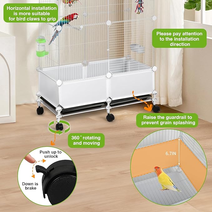 69" H Large Bird Flight Cage with Bottom Splash Guard,White Extra-Narrow Bar Spacing Parakeet Cage with Stand,Includes Parrot Toys&Supplies,Tall Rolling Birdcage for Small to Medium Birds,28" Lx15 W