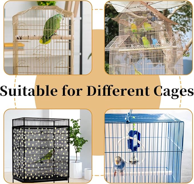 Daoeny 2PCS Bird Cage Seed Catcher, Large Bird Cage Cover, Adjustable Soft Airy Nylon Mesh, Birdcage Cover Skirt Seed Guard for Parrot Parakeet Macaw Round Square Cages (Black & White Daisy)