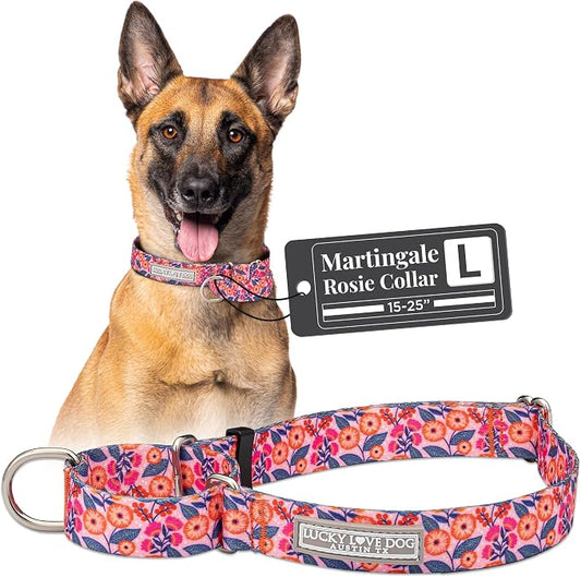 Lucky Love Dog Martingale Dog Collar - Adjustable, No-Slip, Durable, & Soft Webbing Collar for Male and Female Dogs Ideal for Training & Walking - Rosie, Large