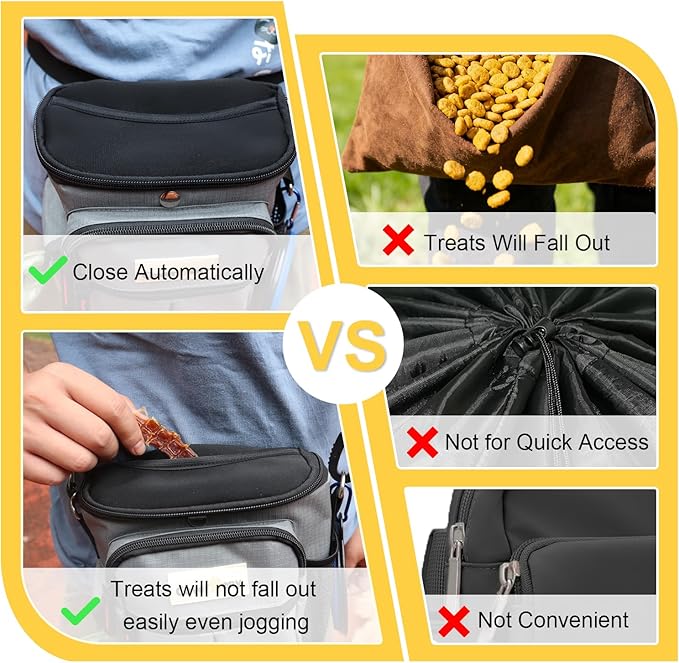Dog Treat Pouch Open Top for Quick & Spill-Proof Access, Removable Pouch|Poop Bag Dispenser|3 Ways to Wear, Dog Treat Bag - Collapsible Bowl, Training Clicker & Poop Bag for Training & Walking. (Grey)