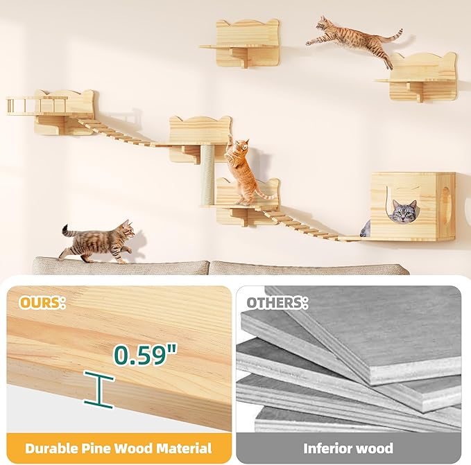 Cat Wall Shelves, Cat Shelves and Perches for Wall, Set of 9 Wooden Cats Shelf Furniture with Scratching Post, House, Condo, Bridge Ladder for Multiple Cats