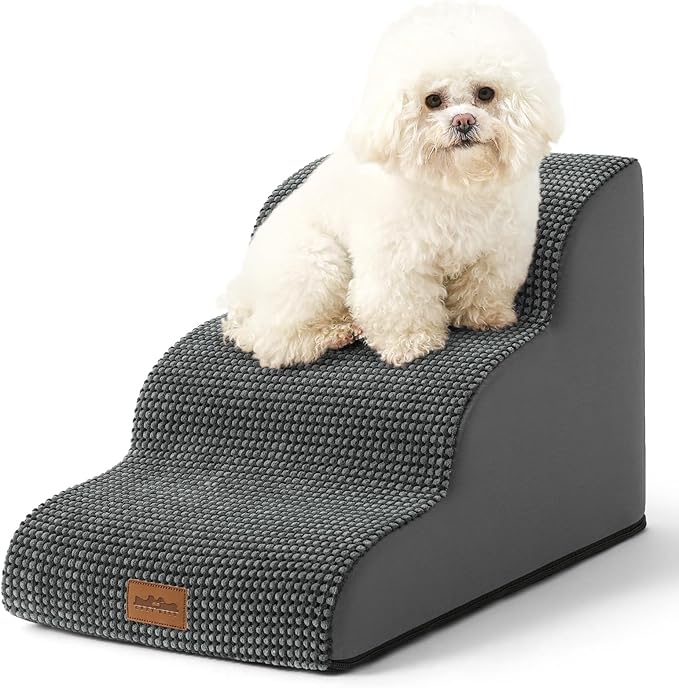 COZY KISS Wide Dog Stairs for Small Dog 15.7" H, Pet Step for Puppy, Older Cat, Curved Ramp for Couch, Durable Anti-Slip Ladder with High Density Foam, 3 Step, 17.7x22.4x15.7 inch, Charcoal Grey