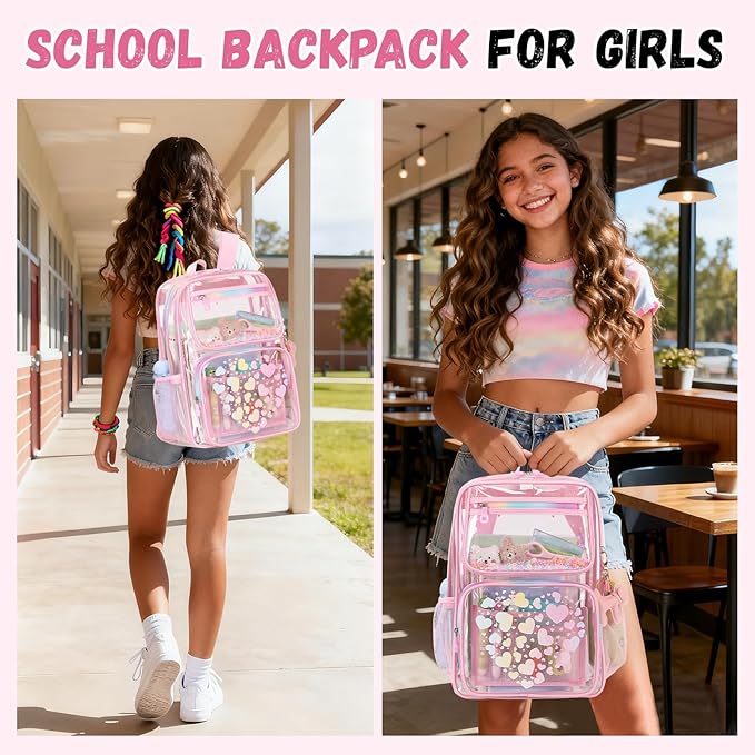 MOONBABY Clear Backpack for School Girls, Heavy Duty TPU Transparent Backpack Stadium Events Approved, Clear Bookbag