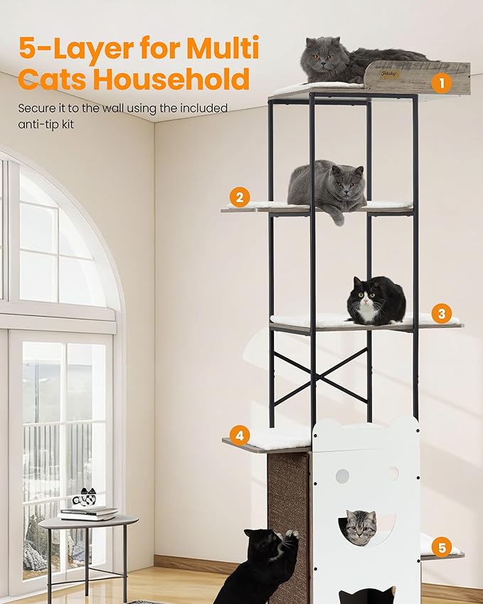 Wood Cat Tree Tower, 84 Inch Modern Extra Tall Cat Condo Trees for Indoor Cats Large Adult, XL Multi-Level Heavy Duty Wooden Sturdy Cat House Furniture with Platform Perch Bed Scratching Post
