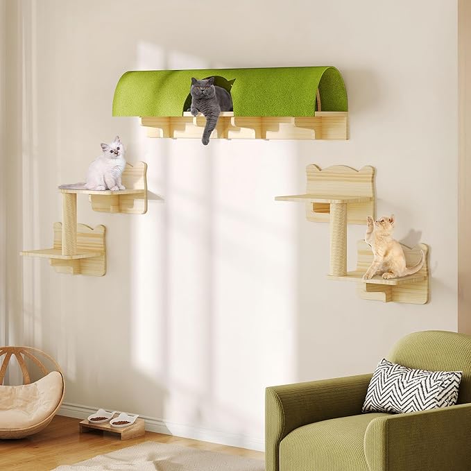 7-in-1 Cat Wall Shelves, Multi-Level Solid Wood Cat Furniture for Wall, Floating Cats Wall Shelves Set, Cat Climbing Wall Systems with Scratching Post and Tunnel, Burlywood