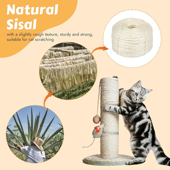 50 Feet Sisal Rope for Cat Scratching Post, 1/4 Inch White Cat Tree Rope, 1/4 Inch DIY Hemp Twine Rope for Repairing, Recovering Scratch Post Cats Tree Tower Replacement (White)