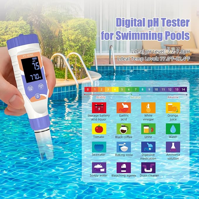 7-in-1 Digital Pool Water Tester, Accurate Chlorine, pH, Salt, ORP, EC, TDS & Temperature Meter for Saltwater Pools, Hot Tubs, Aquariums, Spas & Hydroponics