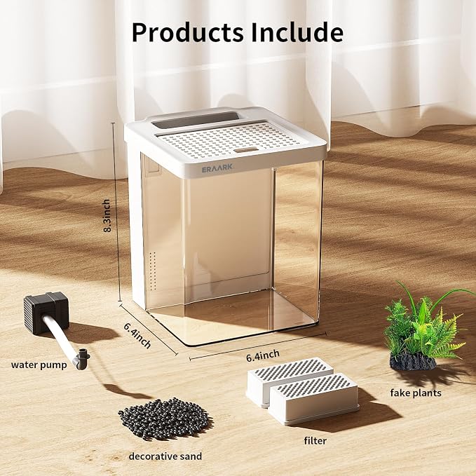 Small Fish Tank Aquarium kit 1.5 Gallon Betta Fish Tank with Silent Water Pump Filter LED Light,Fish Bowl (White)