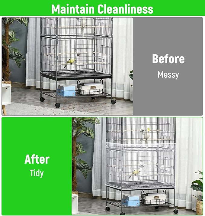 2 Pcs Bird Cage Seed Catcher, Bird Cage Seed Catcher Guard Nylon Net Cover, Adjustable 137.8-196.9 Inches Circumference (Black & White, XL)
