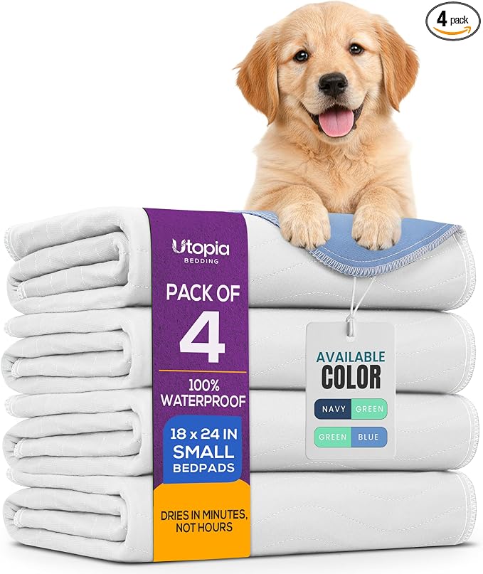 Utopia Bedding Washable Pee Pads for Dogs 18" x 24" (Pack of 4), Waterproof Incontinence Bed Pads for Adults, Elderly and Kids, Heavy Absorbency Pet Training Pads for Sofa and Couch (White, Blue)
