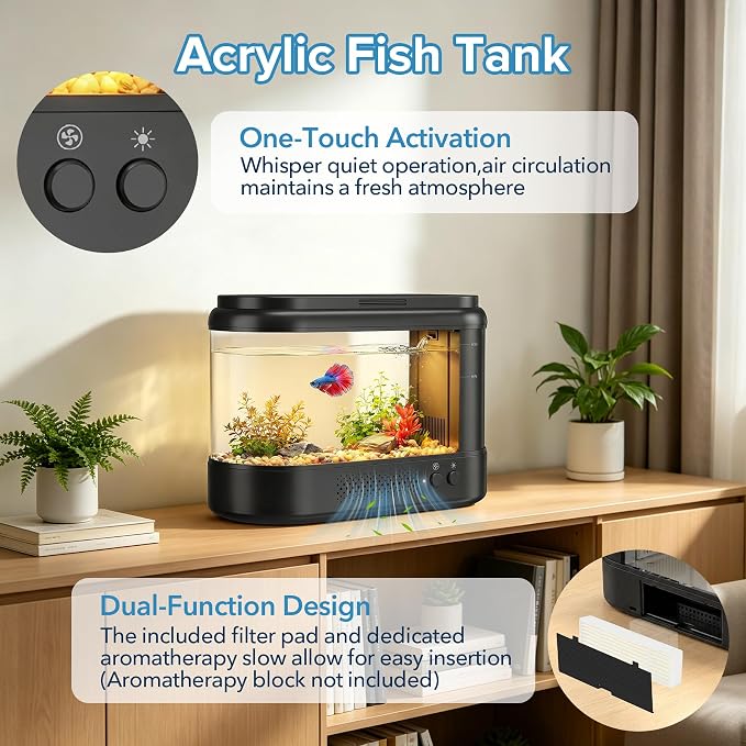 Betta Fish Tank 0.7 Gallon Acrylic Small Aquarium Kit Black | with Water Filter Pump & LED Light,Quiet Office Desktop Fish Bowl for Small Fish,Plants and Shrimp
