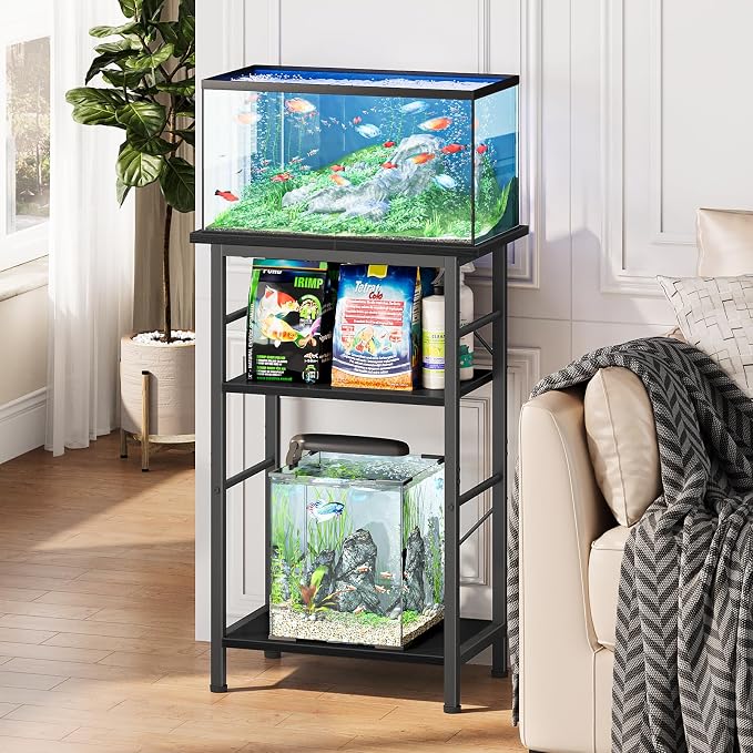Snughome 5-10 Gallon Aquarium Stand, 3 Tier Fish Tank Stand with Storage, Fish Tank Stand with Metal Frame, Reptile Turtle Tank Stand for Home Office, 20.47" x 11.02" x 30.52", Black