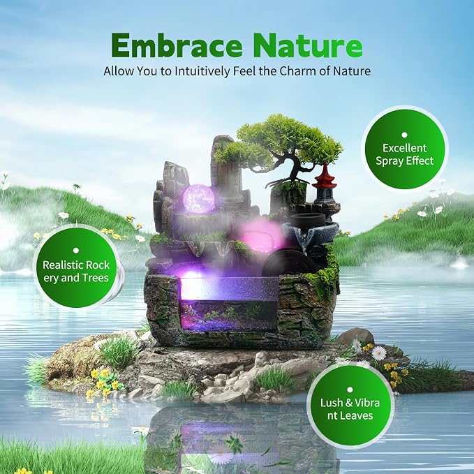 Tabletop Water fountainRockery Tabletop Fountain Indoor Waterfall | with an Atomizer Elaxation Water Feature Meditation with LED Light for Desktop Home Office Decor