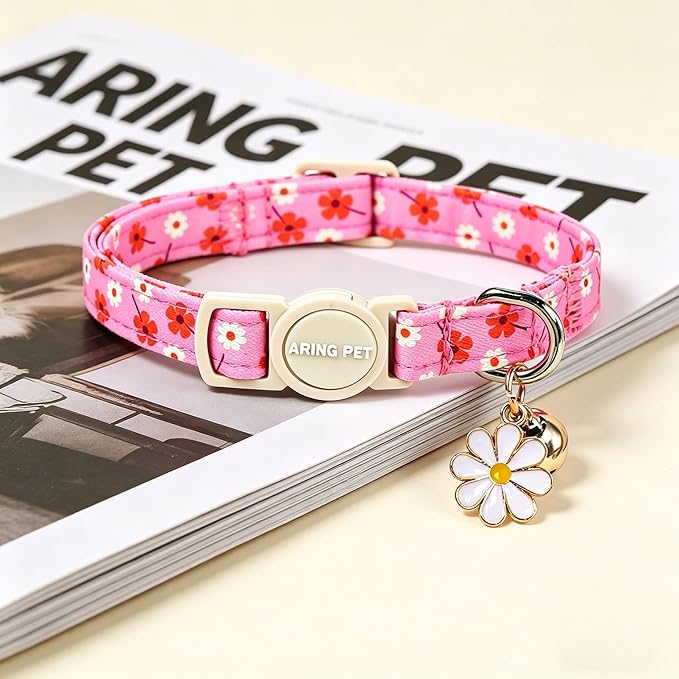 ARING PET 2 Pack Cat Collars with Bell, Cute Soft Cotton Kitten Kitty Breakaway Spring Summer Cat Collars for Boy Girl Cats-Pink & Purple Floral
