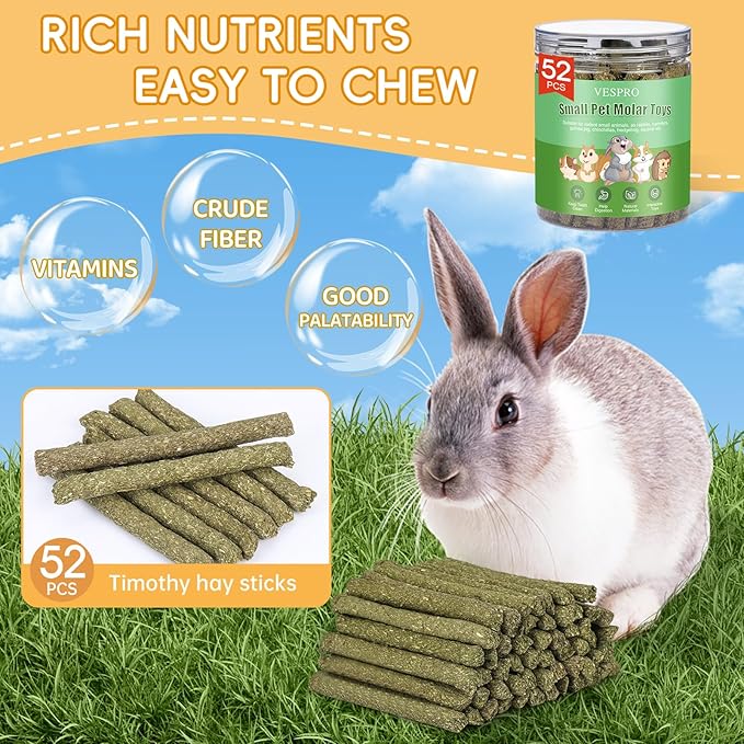 VESPRO 52Pcs Rabbit Chew Sticks, Guinea Pig Toys, Natural Timothy Grass Molar Teeth Stick, Guinea Pig Timothy Hay, Chew Toys for Bunny, Rabbits, Hamsters, Small Animals Treats