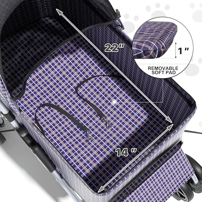 MoNiBloom 3 in 1 Foldable Pet Stroller for Small & Medium Dogs, Detachable Carrier, Car Seat, Push Button Entry, 4-Wheel Jogger for Pets up to 33 lbs, Plaid